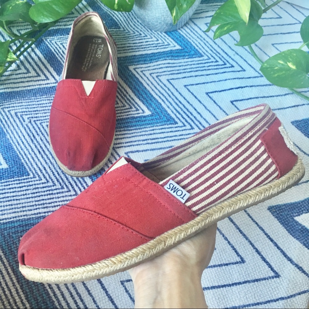 TOMS Espadrille Slip On Stripe Red White Flat 7.5 - Picture 1 of 8